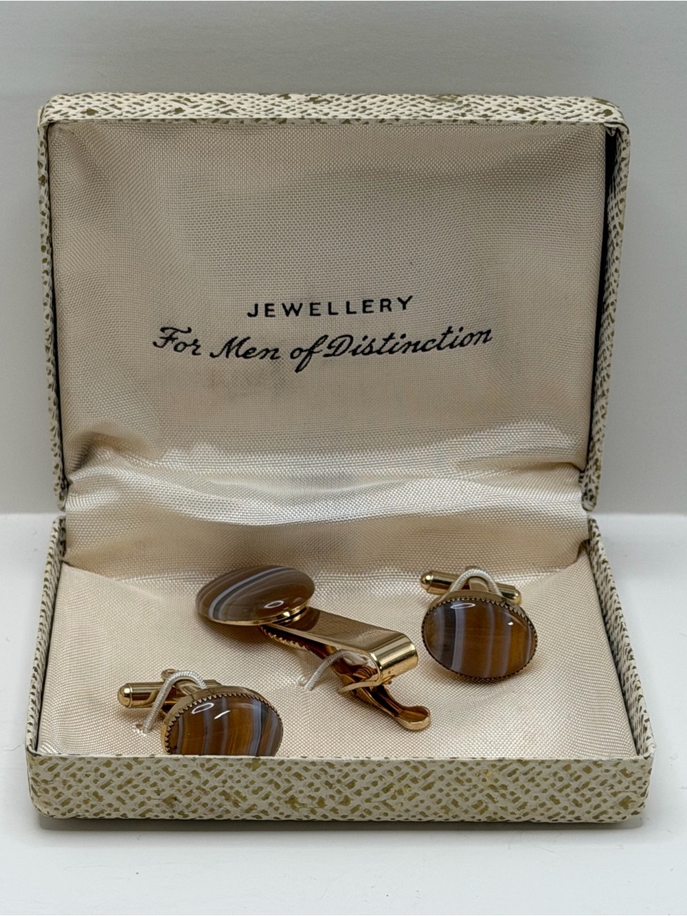 Vintage Gold-Tone Brown Banded Agate Cufflinks and Tie Clip Set